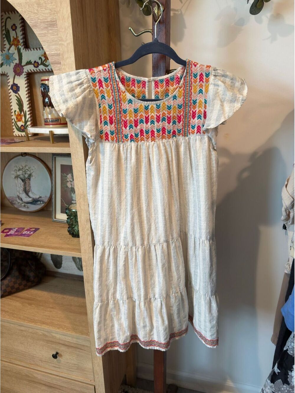 Boho Style Embroidered Cotton Dress with Lining, Size Small